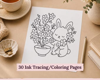 May include: A white sheet of paper featuring a black line drawing of a rabbit sitting next to a potted plant with flowers. The text 30 Ink Tracing/Colouring Pages is printed at the bottom, and the text BUNNY LIFE is printed below that.