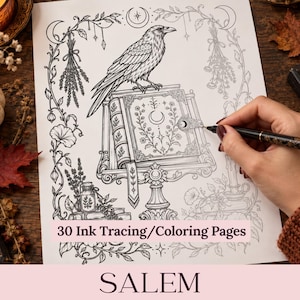 May include: A black and white line art illustration featuring a raven perched on an ornate book resting on a stand, surrounded by botanical elements, moons, and stars. The text 30 Ink Tracing/Coloring Pages and SALEM is printed on the page.