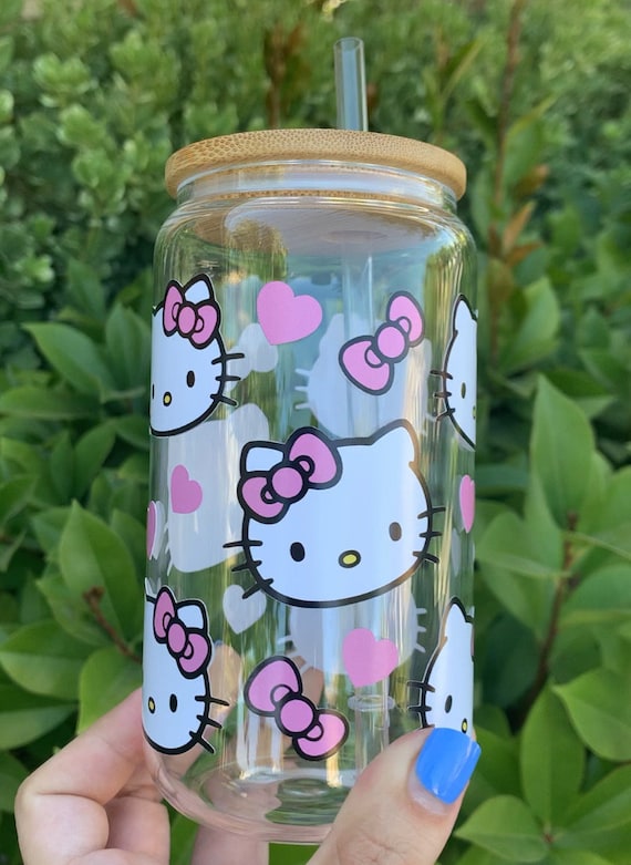 Hello Kitty Glass Cup 16oz Comes With Bamboo Lid & straw