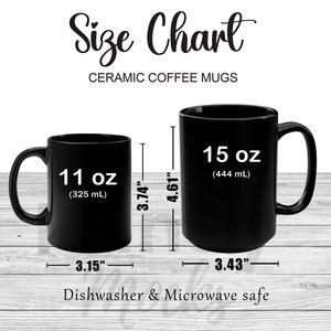 Tabla de tallas de taza negra de 11 oz y 15 oz y guía de tallas para Printify Print on Demand / Tabla de tallas de tazas de café de cerámica negra