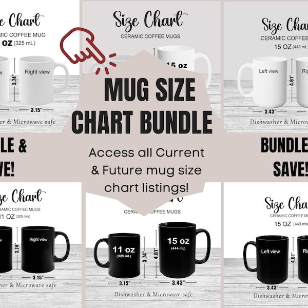 Ceramic Coffee Mug Size Chart Bundle | Done For You 11oz and 15oz Comparison Measurement | Printify Print on Demand Mugs Coffee Guide