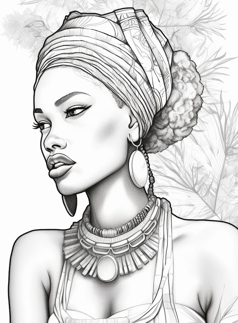 Printable Adult Coloring Page, Beautiful African Woman, Grayscale ...