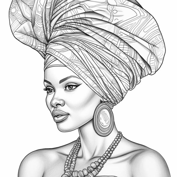 Printable Adult Coloring Page, Beautiful African Woman, Grayscale Portrait, Downloadable Illustration, Printable PDF File, Instant Download