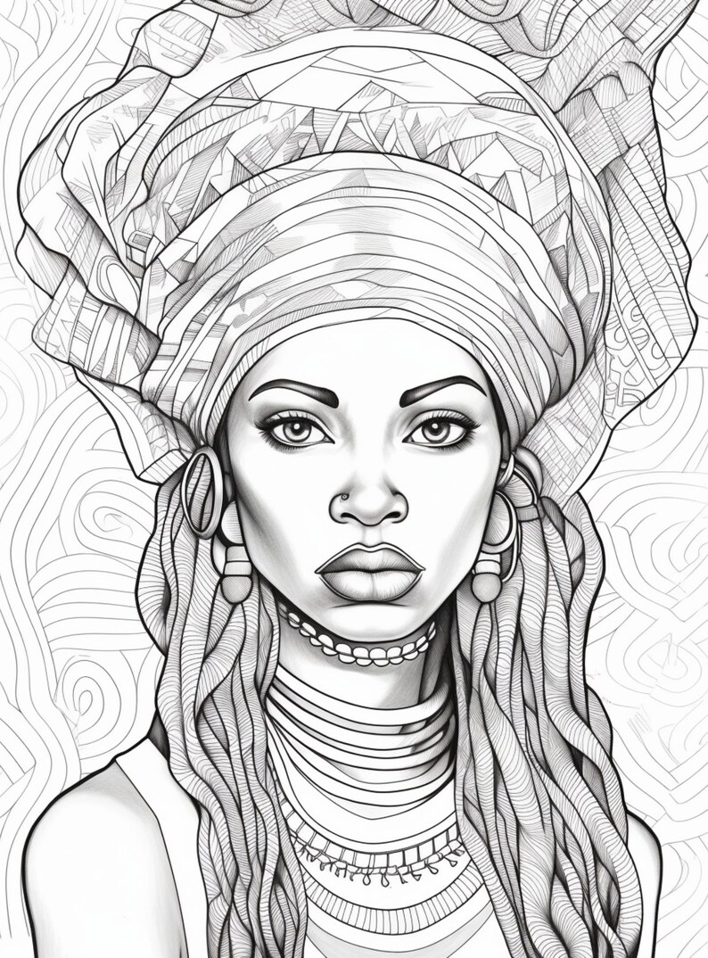 Printable Adult Coloring Page, Beautiful African Woman, Grayscale