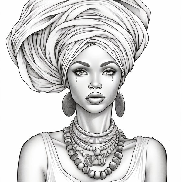 Coloriage adulte imprimable, belle femme africaine, portrait en niveaux de gris, illustration téléchargeable, fichier PDF imprimable, téléchargement immédiat
