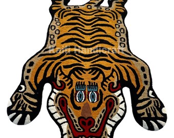 Handgetufteter Tigerteppich aus Wolle mit tibetischem Tier-Design, 100 x 150 cm