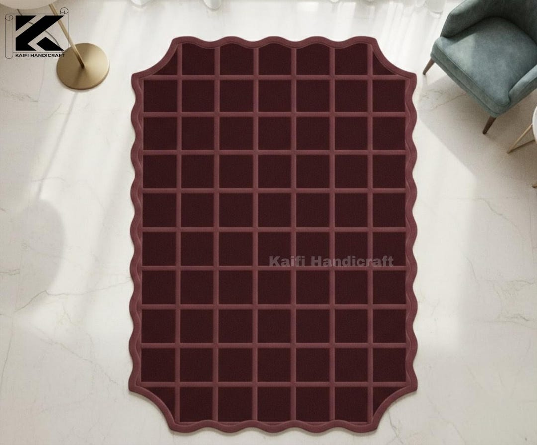Waffle Rug Handmade Burgundy Wool Rug | Tufted Waffle Texture, Scalloped Edge 8x10 ...