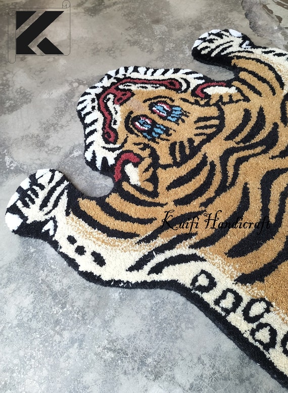 Hand-Tufted Wool Tiger Rug: Tibetan Animal Rug, 2x3 Ft