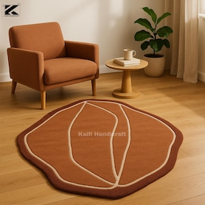 Abstract Terracotta Tufted Rug – Modern Organic Shape Carpet, Handcrafted Soft Wool Accent Rug, Boho Earth Tone Area Rug for Living Room