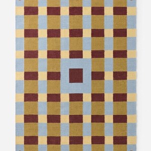 Handgemaakt groot platgeweven wollen vloerkleed 8 x 10 modern blauwgeel geometrisch geruit geruit vloerkleed