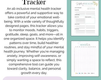 May include: A mental health tracker with 30 pages, available as a PDF download. The pages are 8.5 x 11 inches and include sections for mood tracking, habits, and goals. The cover features the text "Mental Health Tracker".