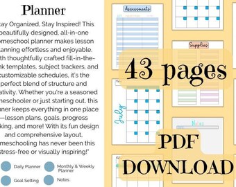 Pode incluir: Um planejador de homeschool colorido com 43 páginas, incluindo planejadores diários, semanais e mensais, definição de metas, registros de despesas, registros de presença e registros de leitura. O planejador foi projetado para ajudar os alunos em casa a se manterem organizados e inspirados. "Mantenha-se organizado, mantenha-se inspirado!" e "43 páginas PDF DOWNLOAD" estão escritos na imagem.