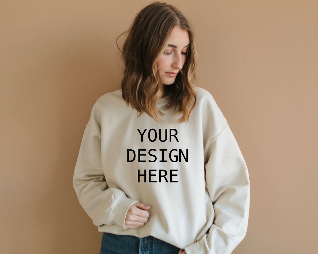 Gildan 18000 Mockup Gildan Sand Sweatshirt Mockup Sweatshirt Model ...