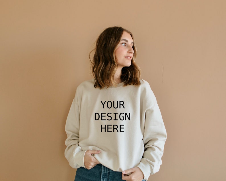 Gildan 18000 Mockup Gildan Sand Sweatshirt Mockup Sweatshirt Model ...