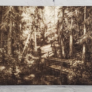 A Bridge to Serenity Canvas Art, Etched Wooden Wall Art, Etched Wooden Canvas and Stand