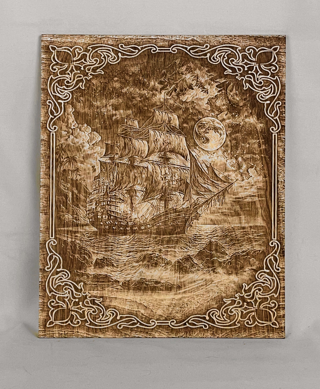 A Ship in the Night Wooden Canvas Art, Etched Wooden Wall Art, Etched