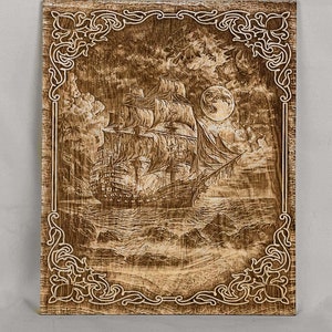 A Ship in the Night Wooden Canvas Art, Etched Wooden Wall Art, Etched Wooden Canvas and Stand