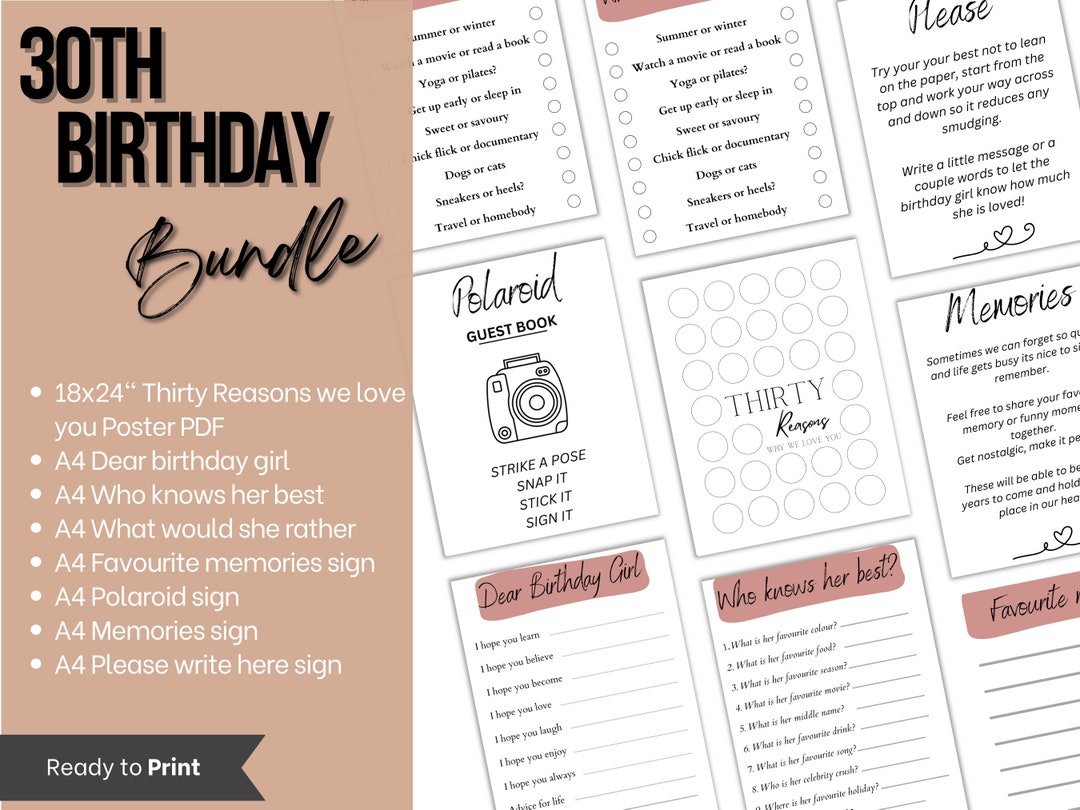 30th Birthday Template Bundle, Printable Games, Milestone Birthday ...