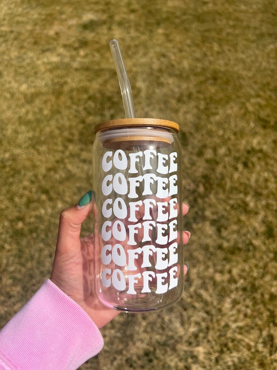 ICED COFFEE Glass Cup With Lid and Straw Cerr Can Glass Tumbler