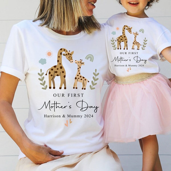 Our First Mother's Day Together Custom Names Baby Cute Giraffes Shirt Onesie Matching Gift Tee Set for Mother’s Day Photo Party