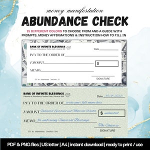 Money Manifestation Check |  Printable Financial Freedom | Abundance Life Printable Universe Bank Money Check | Blank cheque LUXURY