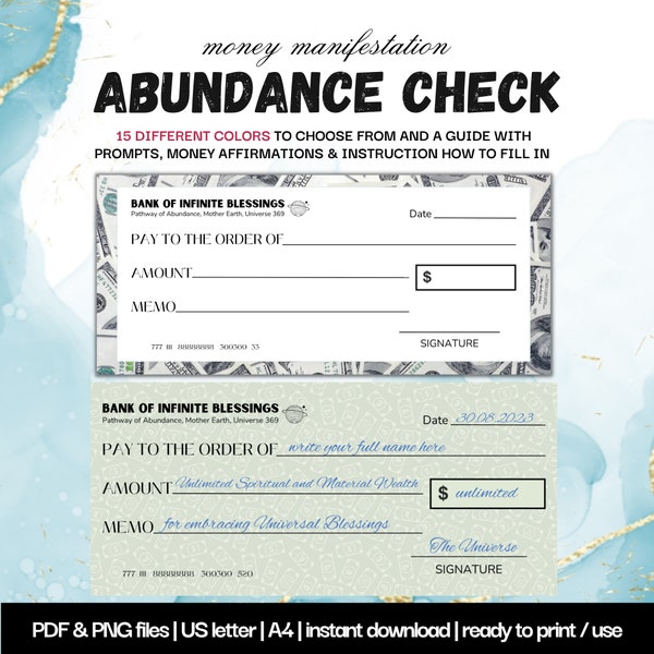 Money Manifestation Check |  Printable Financial Freedom | Abundance Life Printable Universe Bank Money Check | Blank cheque LUXURY