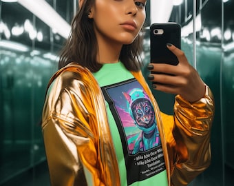 May include: A woman wearing a green and black graphic t-shirt with a cat astronaut design. The t-shirt has the text "Mike Echo Oscar Whiskey" and "Translation: We have a problem." The woman is also wearing a gold metallic jacket and a black baseball cap.