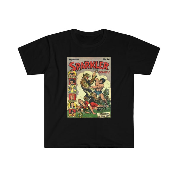 Sparkler Comics 14 1942 Tarzan | Unisex Softstyle T-Shirt | leopard | Capt & the Kids | Nancy | Burne Hogarth | comic book cover