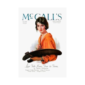 May include: Vintage McCall's magazine cover from June 1932. The illustration features a woman in an orange dress holding a paintbrush and a palette. The magazine title is in blue, with the text "Love Tale Runs True to Form" below the image.