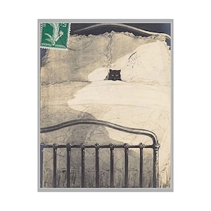 Carte postale française Chat au lit 1913 format carte dans le hall | Poster mat haut de gamme | millésime | fantaisiste | art mural drôle | mignon | impression unique 11 x 14