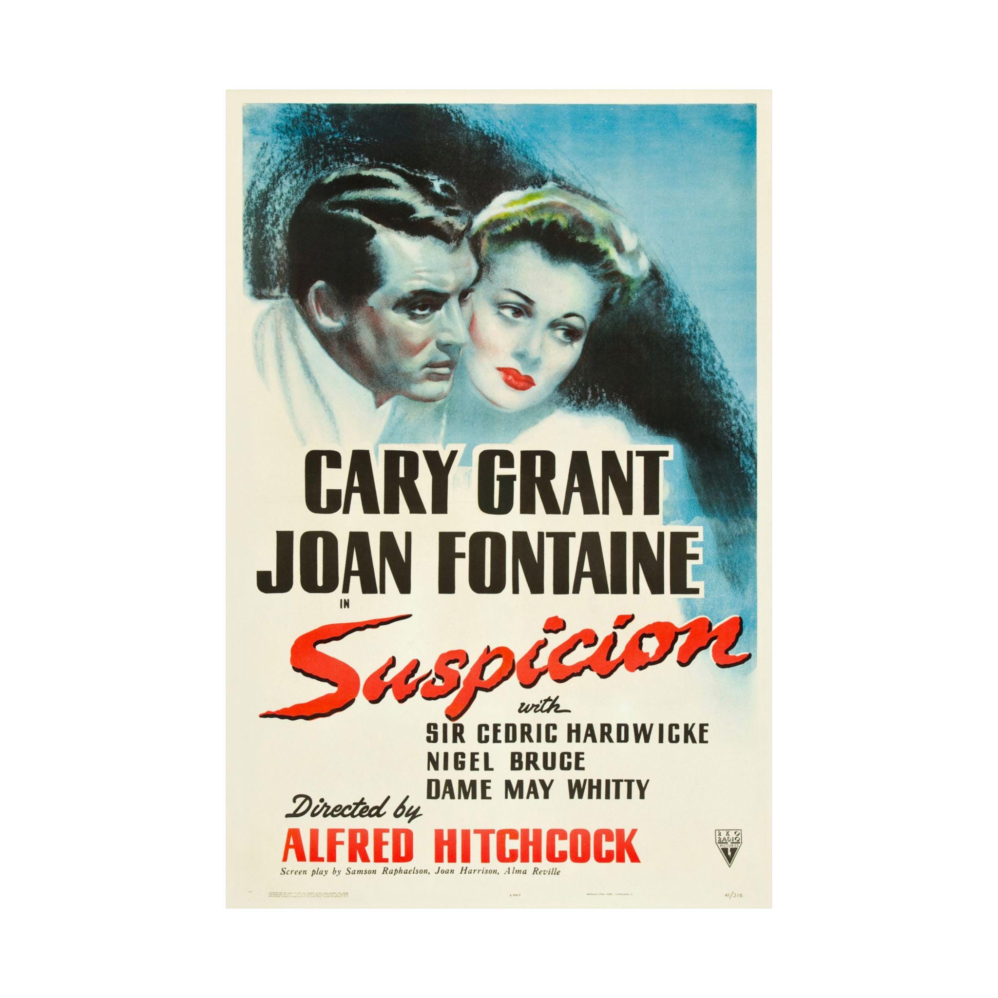 Suspicion 1941 Movie Poster: Cary Grant, Hitchcock Film Noir
