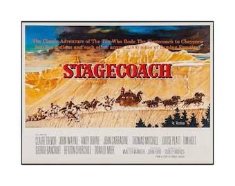May include: A framed movie poster for "Stagecoach" featuring a stagecoach pulled by horses, with text in red and white. The poster depicts a desert landscape with figures on horseback and the names of the actors.