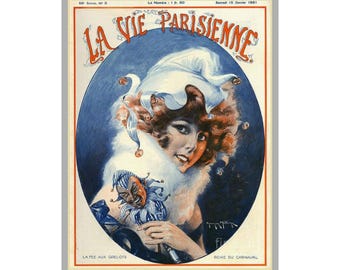May include: Vintage magazine cover for "La Vie Parisienne" featuring a woman in a jester's hat and collar, holding a jester doll. The artwork is set within a blue oval, with text in French. The cover is framed in a light beige border.