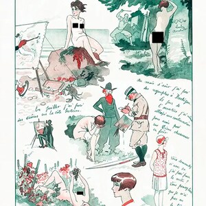 May include: An illustration from "La Vie Parisienne" magazine, featuring multiple watercolor sketches of nude figures in various poses. Text includes "Carnet de Vacances" and French phrases. The artwork has a vintage, artistic style.