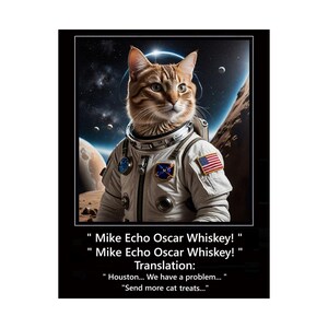 Impression d'art astronaute chat tigré 2, affiche mate premium, pilote de l'espace, citation drôle, miaou ! Impression amusante de chat, taille de carte de réception rétro, art mural, 11 x 14