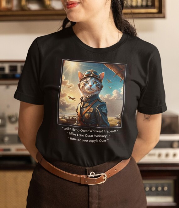 猫パイロットTシャツ：面白い飛行士猫、第二次世界大戦風ヴィンテージT 