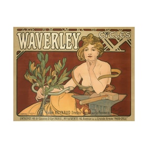 Waverly Cycles advertising retro print circa 1898, art by Alphonse Mucha | Premium Matte Poster | Art Nouveau | bicycle | 18x14