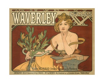 Waverly Cycles reclameretroprint circa 1898, kunst van Alphonse Mucha | Premium matte poster | Jugendstil | fiets | 18 x 14