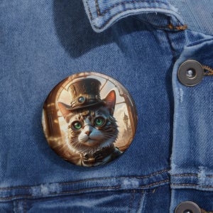 Steampunk Tabby Cat Pin Button: Unique Kitty Badge (2.25&quot; Round)