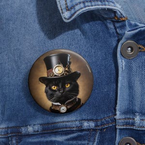 Steampunk Black Cat Pin Button: Whimsical Kitty Accessory (2.25&quot; Round)