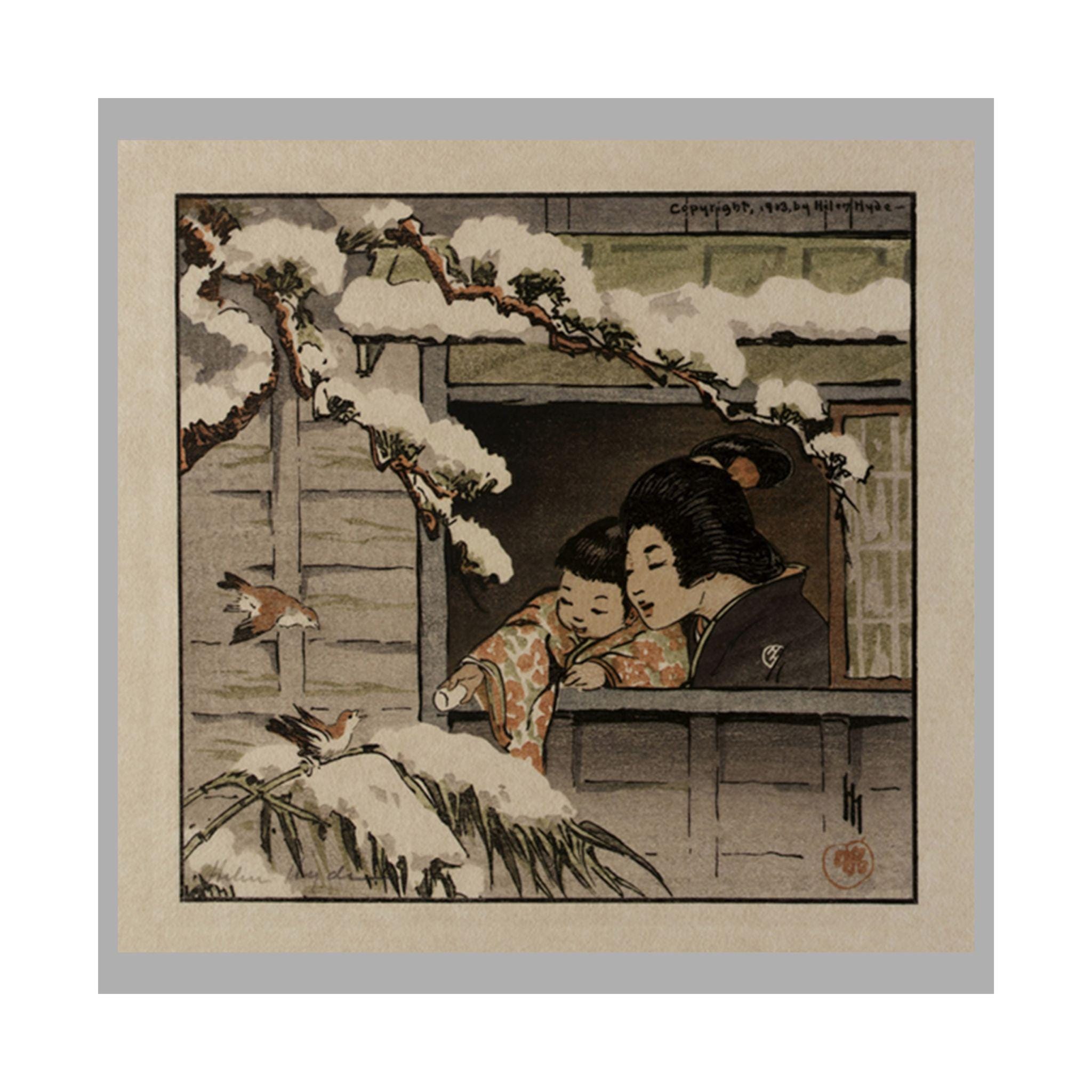 Helen Hyde 'My Neighbors' Art Print: Japanese Women and Children, Birds (12x12)