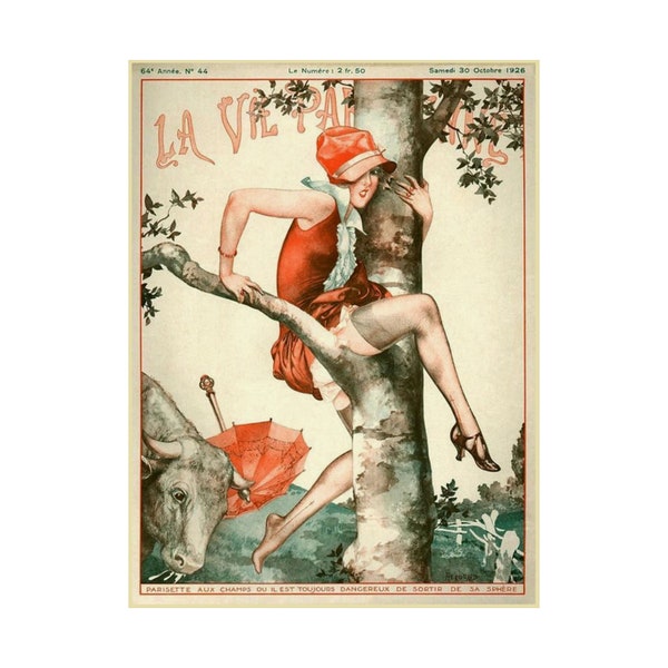 La Vie Parisienne, 30 Oct 1926 bull by the horns retro print | Premium Matte Poster | art deco Chéri Hérouard cover, wall art 12x16