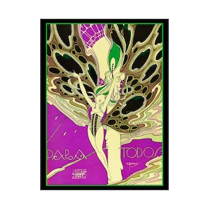 May include: Vintage art deco style poster with a woman figure and butterfly wings. The poster has a purple background with the words "PARA TODOS" and other text. The artwork features a black border with a green inner border.