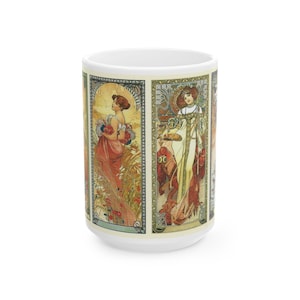 Alphonse Mucha 15oz Four Seasons Mug: Art Nouveau Large Ceramic Coffee Cup