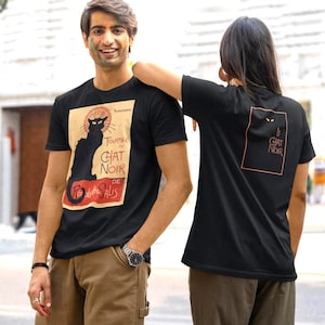 Le Chat Noir T-Shirt: Art Nouveau Black Cat Graphic Tee, front & back