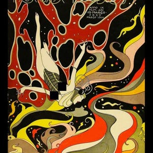 Puede incluir: Portada de revista vintage de estilo art déco con el texto "PARA TODO" en dorado. La ilustración presenta a una mujer en una pose fluida, rodeada de formas abstractas coloridas y arremolinadas en rojo, amarillo y negro. También se ven los detalles de la edición de la revista.