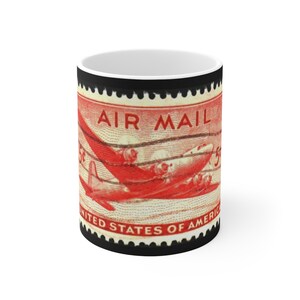 Luftpost 5 Cent Stempel | 11 Unzen Keramikbecher | 1946 5c | DC-4 Skymaster | Flugzeug | US Post Briefmarke
