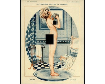 Art Deco Boudoir Poster: La Vie Parisienne, Maurice Milliere (12x16), Nini bathing, MATURE Content