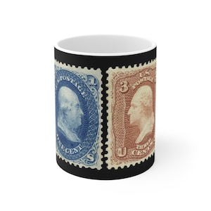1861-66 1c Stamp Franklin blau, 1867 3c Washington rot | 11 Unzen Keramikbecher | Jahrgang | (1875 Neuauflage) | Ben & George | US Post Briefmarken