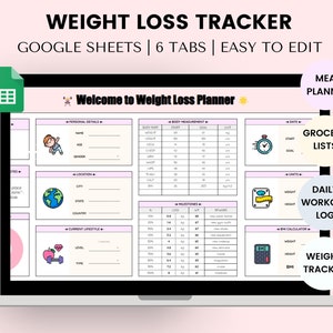 Weight Loss Tracker Spreadsheet for Google Sheets, Weight Loss Planner, Body Measurement Log, Daily Weekly Weigh-in Chart, Weight Journal